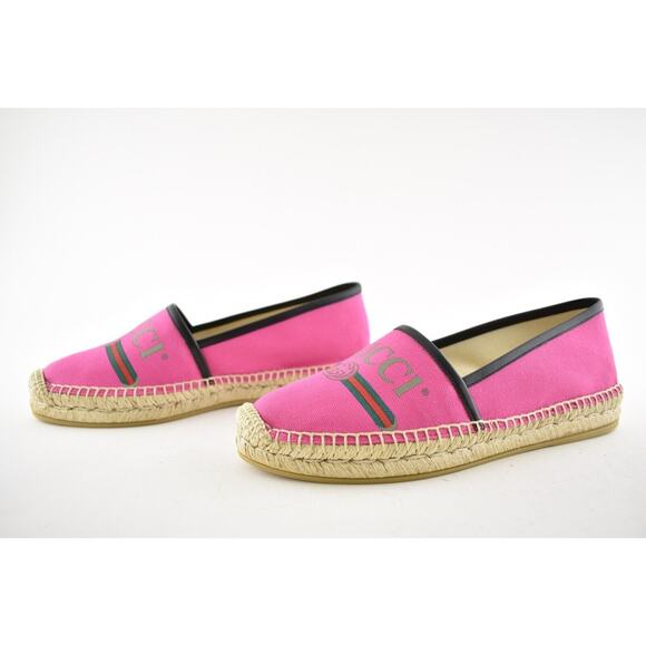 Gucci Pilar Pink Canvas Black Leather Trim GG Logo Print Flat Espadrilles 35.5 - Picture 10 of 12